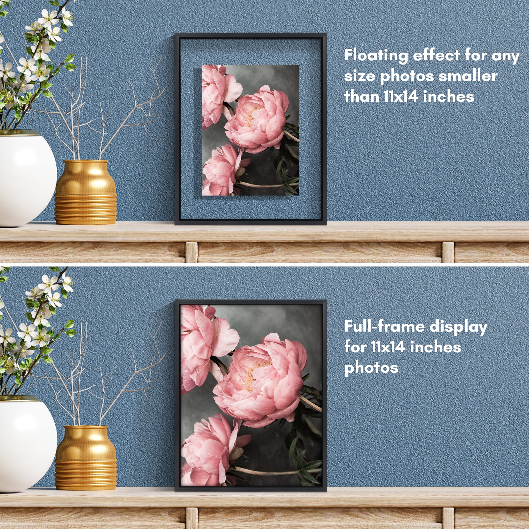 Americanflat 11x14 Picture Frame with Shatter-Resistant Glass Aluminum Floating Display Photo Float - Black