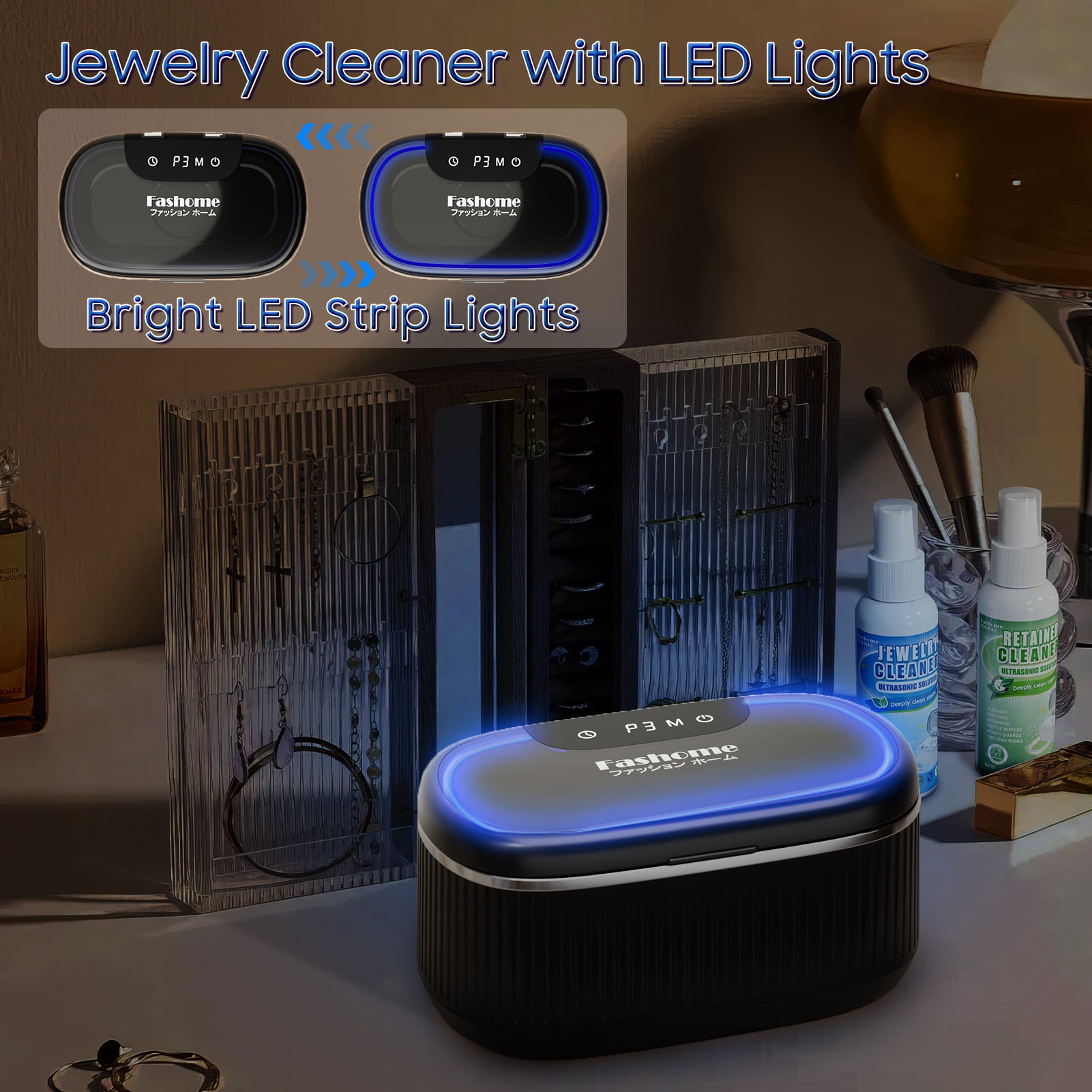 Professional Ultrasonic Jewelry Cleaner with Solution, 20oz 550ML Sonic Cleaner for Silver, Gold, Diamond Rings, Necklaces, Retainers, Eyeglasses, Dentures, 304 Stainless Steel Tank with Lights
