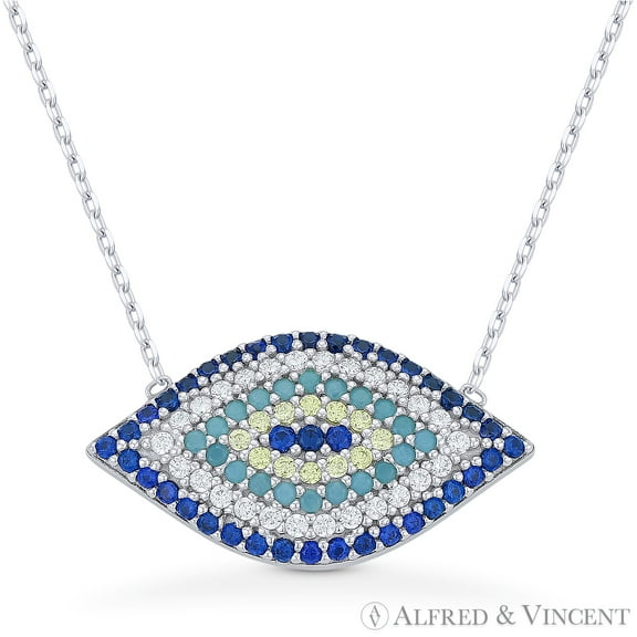 Evil Eye Charm Nano & CZ Crystal Pendant & Chain Necklace in .925 Sterling Silver w/ Rhodium