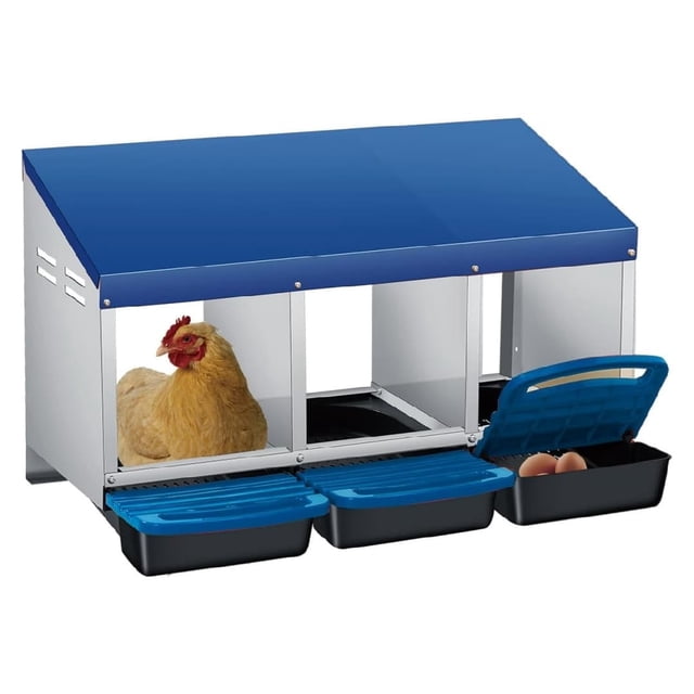 3 - hole galvanized steel chicken nesting box con automatic roll - out egg collection, removable tray, weatherproof wall - mount, con perch para hens, easy to clean y assemble, blue