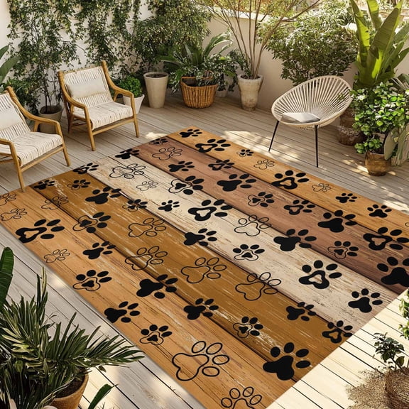 Yellow Brown Outdoor Rug 6x9 Ft - Reversible Patio Rug Outdoor Camping Rugs, Farmhouse Dog Paw Vintage Washable Indoor Outdoor Area Rugs, Non-Slip Outdoor Carpet Runner for Deck/Porch
