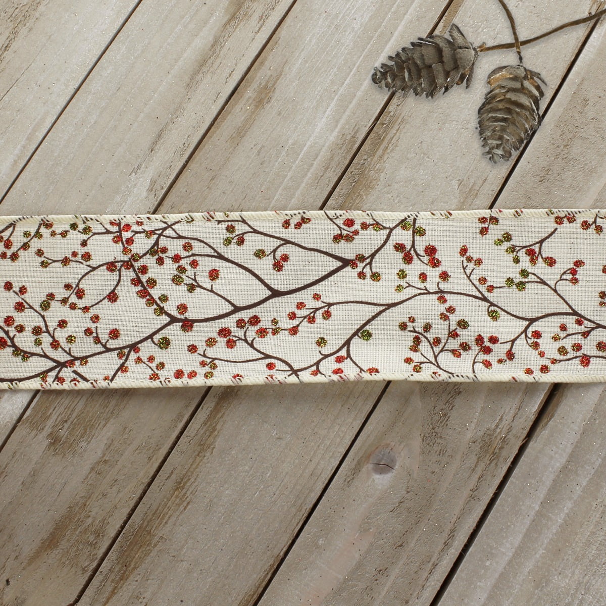 2 1/2" Wired Ribbon Berry Branch Twigs Glitter Off-White - 25 Yards