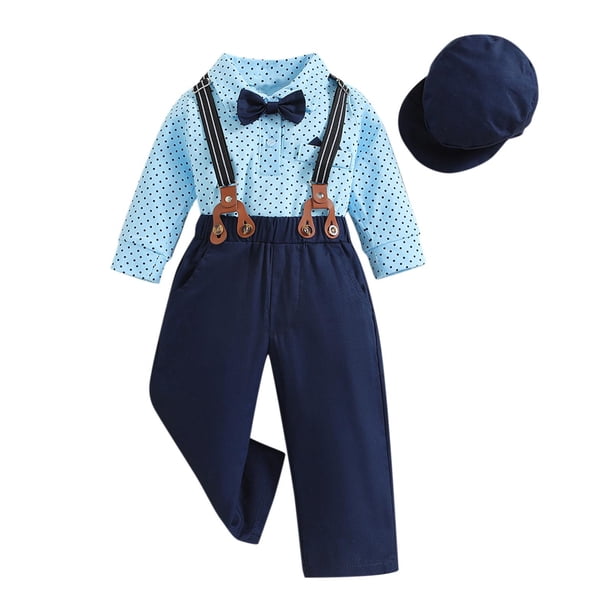 Odeerbi 0-2 Años Niños Caballero Traje Formal Cumpleaños Primer Año Trajes Conjunto Mono Manga Larga Pantalón Sombrero Lazo Conjunto de Cuatro Piezas