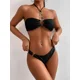 thumbnail image 1 of Bikini con cuello Halter para mujer, traje de baño Sexy con anillo atado, color negro liso, con cadena de Metal y Tanga, para playa, 2024, 1 of 5