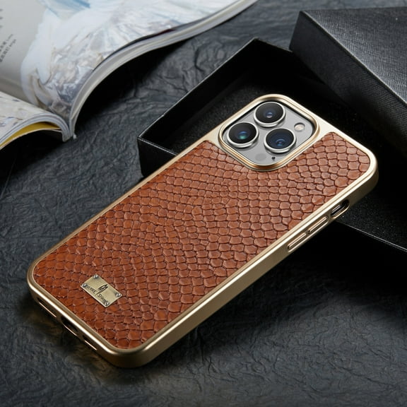 Allytech Stylish Case Snakeskin Pattern PU Leather Case with Snakeskin Pattern Gold Plating Bumper Ultra Slim Case For iPhone 13 Pro Max,Brown