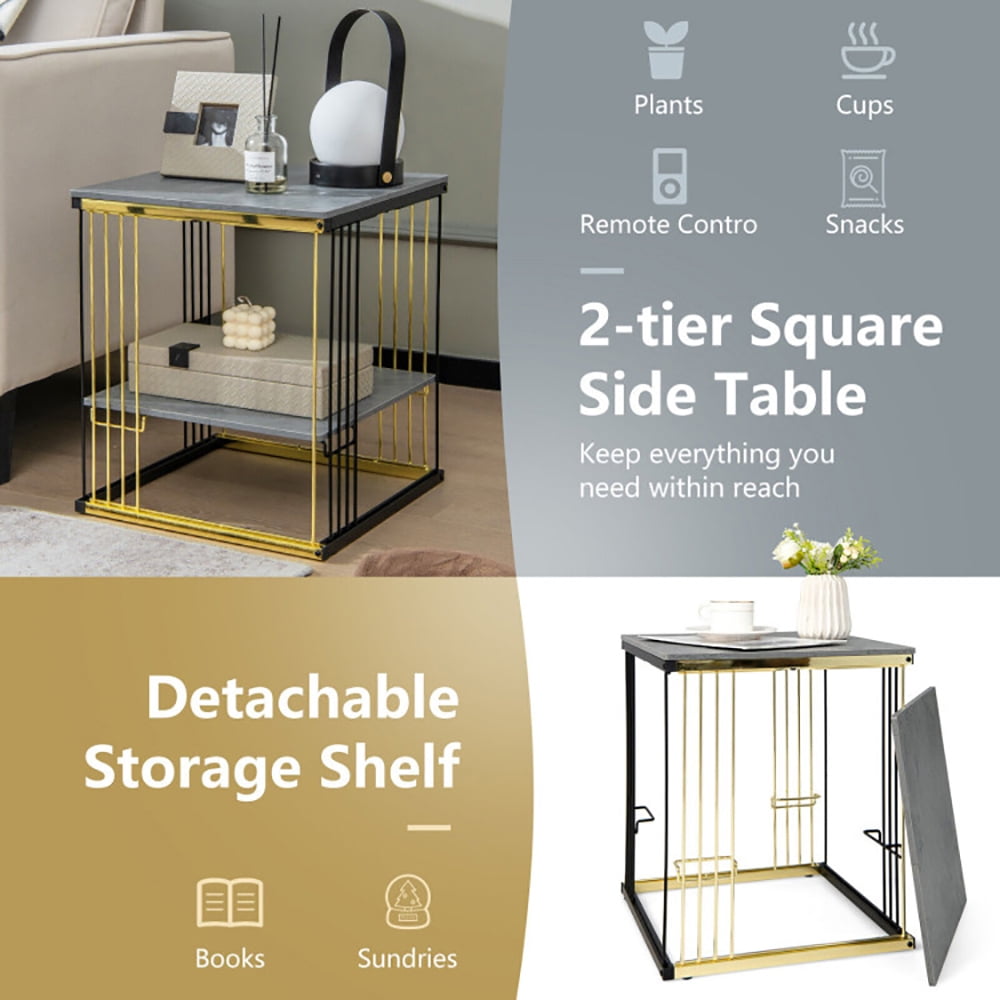 Finihen End Table, 2-Tier Metal Square Side End Table with Removable Shelf, Sofa Side Table, Bed Side Table, for Living Room, Bedroom, Gray