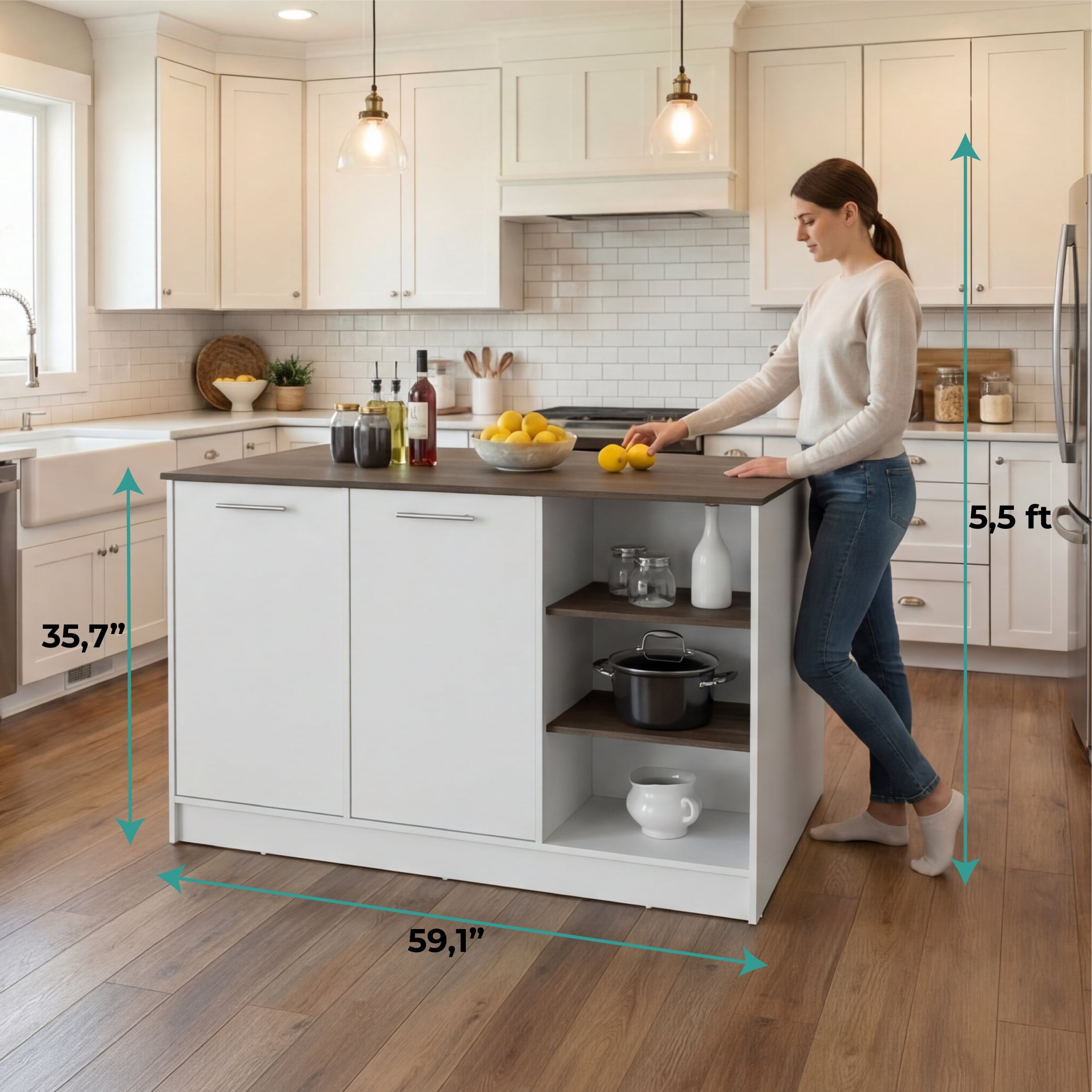 Ginger Kitchen Island, Three Open Shelves, Two Cabinets White / Dark Brown