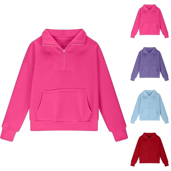 Kids Half Zip Sweatshirt Long Sleeve Fall Winter Stand Collared Plain Pullover Top with Pocket Thumb Hole for Boy Girl