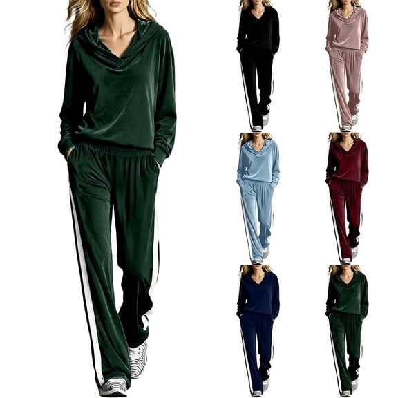 Tqcoqu Women's 2 Piece Velour Tracksuit,V Neck Hooded Long Sleeve Top & Wide Leg Pants with Side Stripe,Casual Loungewear Plus Size Outfit Set,Army Green Women's S-XXL