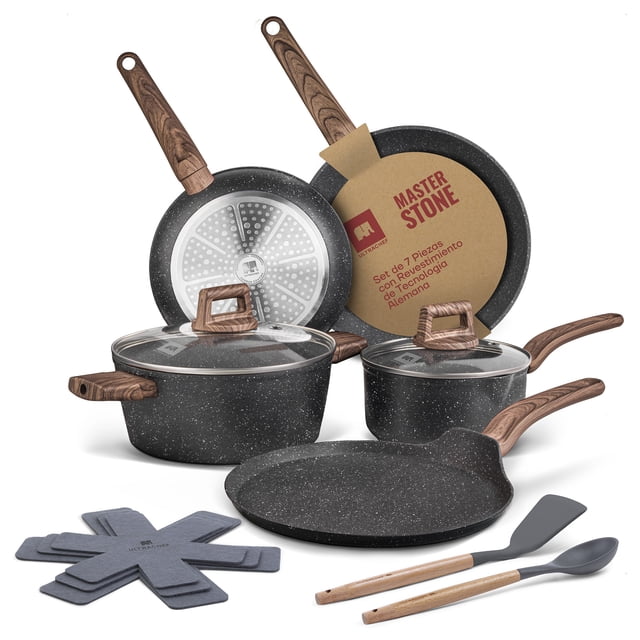 Bateria de Cocina MasterStone Blanco ULTRACHEF, Juego de Sartenes Antiadherentes Alemán Libre de PFOA, Set de Sartenes, Ollas de Cocina y Utensilios para Cocinar, 12 Pzs