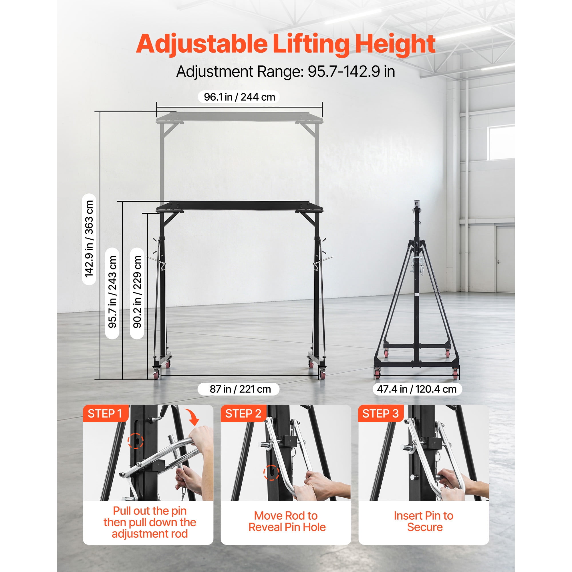 KFFKFF Adjustable Gantry Crane, 2200 lbs Load Capacity, Portable Shop Hoist with Adjustable Height Range of 95.7" to 142.9", Lockable Wheels, Durable Steel Frame for Workshops, Warehouses