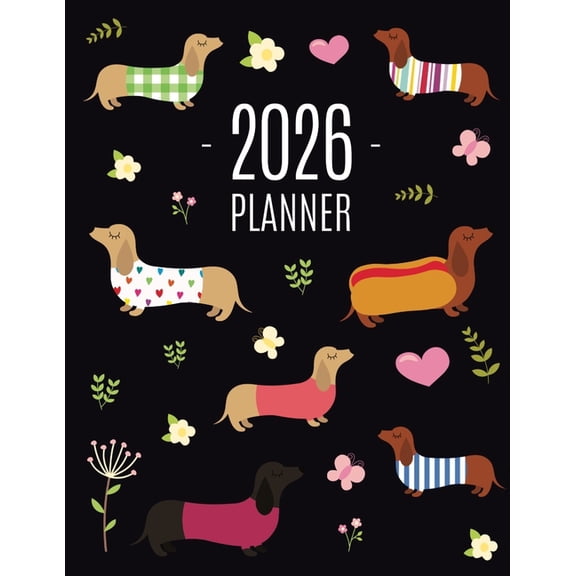 Dachshund Planner 2026: Funny Dog Monthly Agenda January-December Organizer (12 Months) Cute Puppy Scheduler with Flower, (Paperback)