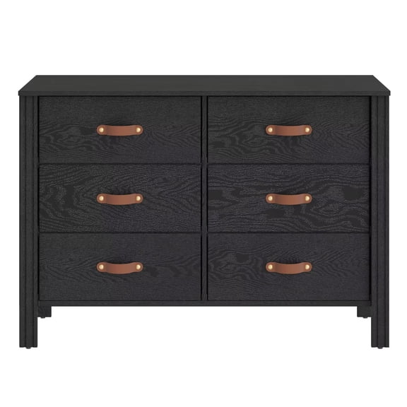 WAMPAT Black Wood Dresser with Leather Handles, 6-Drawer Storage Cabinet for Bedroom, Kids Chest of Drawers, Classic Furniture for Closet, Living Room, Hallway