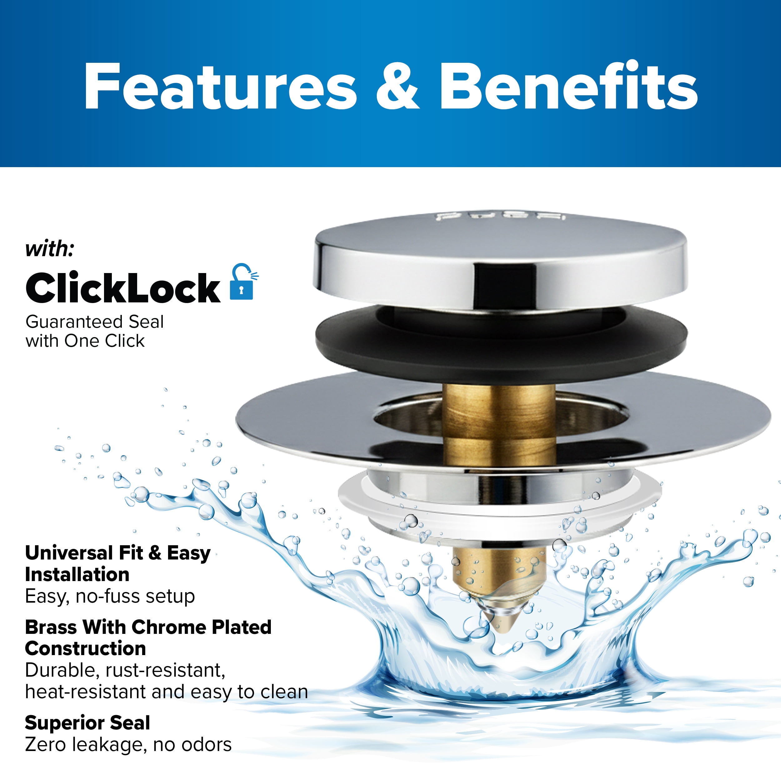 Tub Daddy Pro 2-in-1  Bathtub Drain Stopper with Hair Catcher, ClickLock Push-Button Seal, Chrome/Brushed Nickel