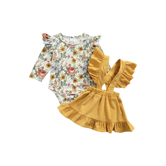 Xingqing Newborn Infant Baby Girls Clothes Flowers Printed Long Sleeve Romper Ruffle Suspender Dress Sets