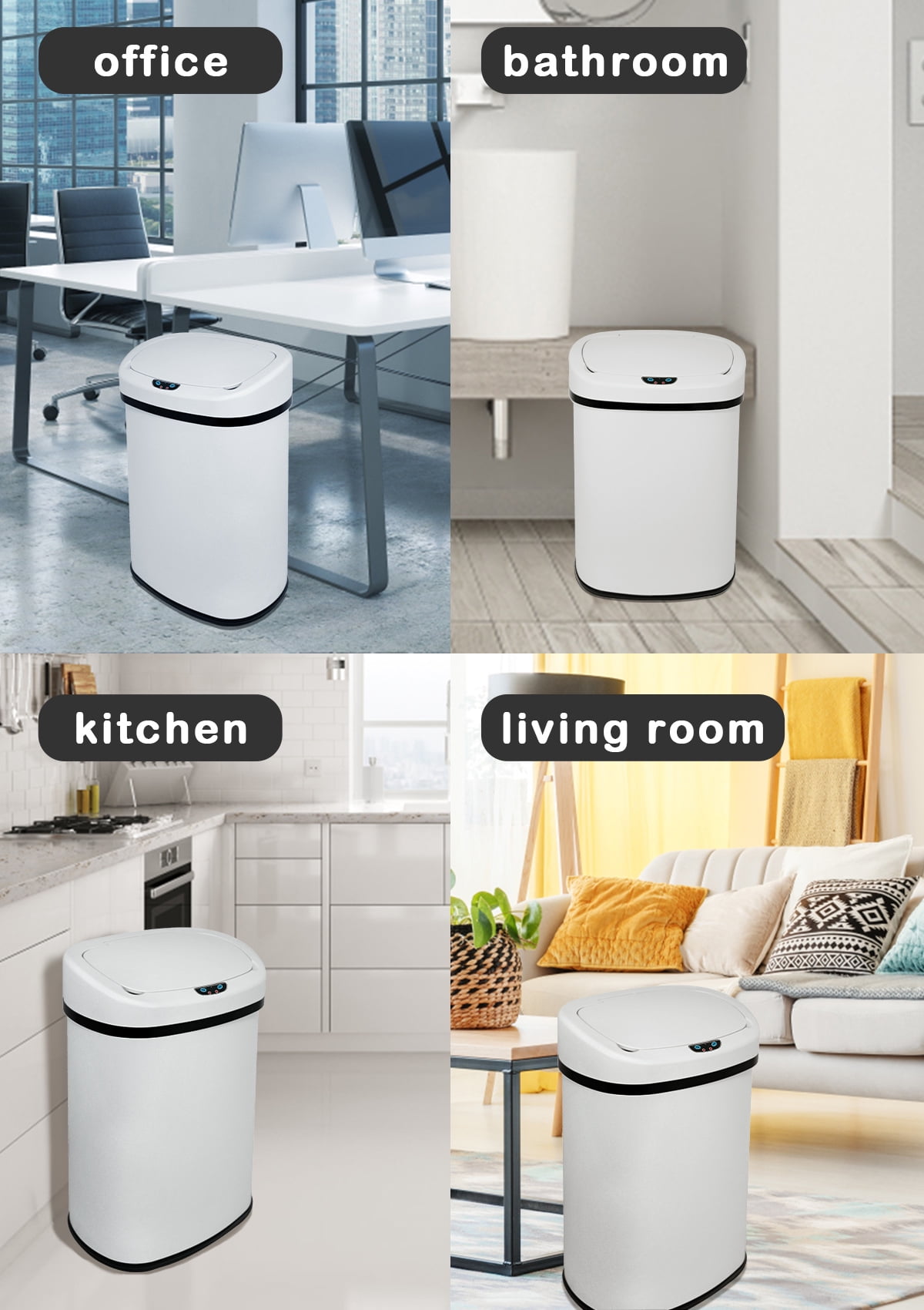 CL.HPAHKL 13 Gallon Kitchen Trash Can with Lid, Stainless Steel Oval Automatic Garbage Can for Home Office Bedroom Living Room Garage, Large Capacity Trash Bin Trashcan, White