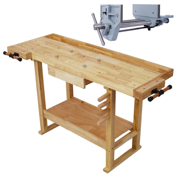 LiviNest 55-Inch Garage Workbench with Vise: 330lb Heavy-Duty Wooden Work Table - 9-Inch Quick-Release Cast Iron Vise for DIY & Woodworking Projects - Home Workshop & Garage Organization