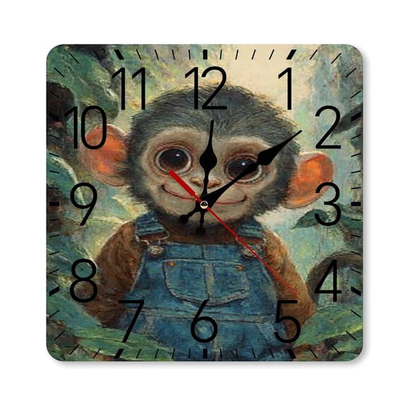 RKSupls 1010inch Square Silent Wall Clock Wooden Frame, Monkey Overalls Jungle Scale Decorative Clock for Home Bedroom Living Room Office