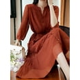 thumbnail image 2 of Fairy-like Silk Pleated Lace Puff Sleeves Smooth Crepe A-line Midi Skirt Dress, Rustic Red, Medium, 2 of 5