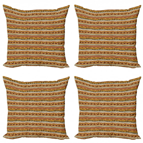 Tribal Throw Pillow Cushion Case Pack of 4, Repetitive Pattern of Horizontal Line Primitive Inspired Shapes, Modern Accent Double-Sided Print, 4 Sizes, Dark Yellow Multicolor, by Ambesonne