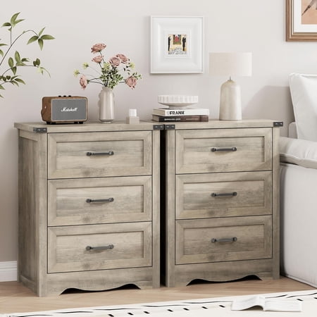 FANRAL Nightstand Set of 2 3 Drawer Farmhouse Nightstands Wooden Bedside Table Set Sturdy Storage End Tables for Bedroom Living Room Gray Night Stand