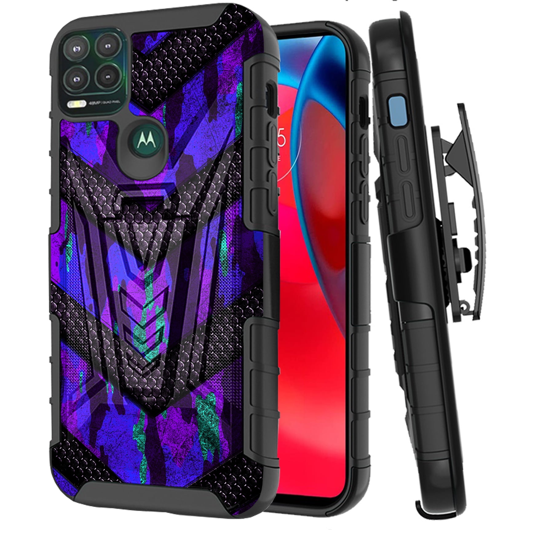 DALUX V Hybrid Kickstand Holster Phone Case Compatible with Motorola Moto G Stylus 5G (2021) - Purple Camo Badge