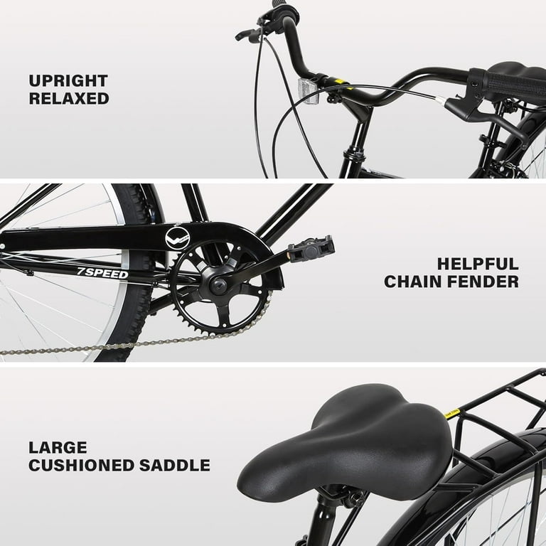 Beach Cruiser Bike, 26 inch Commuter Bicycle for Adult Men and Women, 7-Speed/High-Carbon Steel/Front & Rear Fenders, Comfortable City Bikes with Rear Rack or Basket, Ergonomic Upright Design