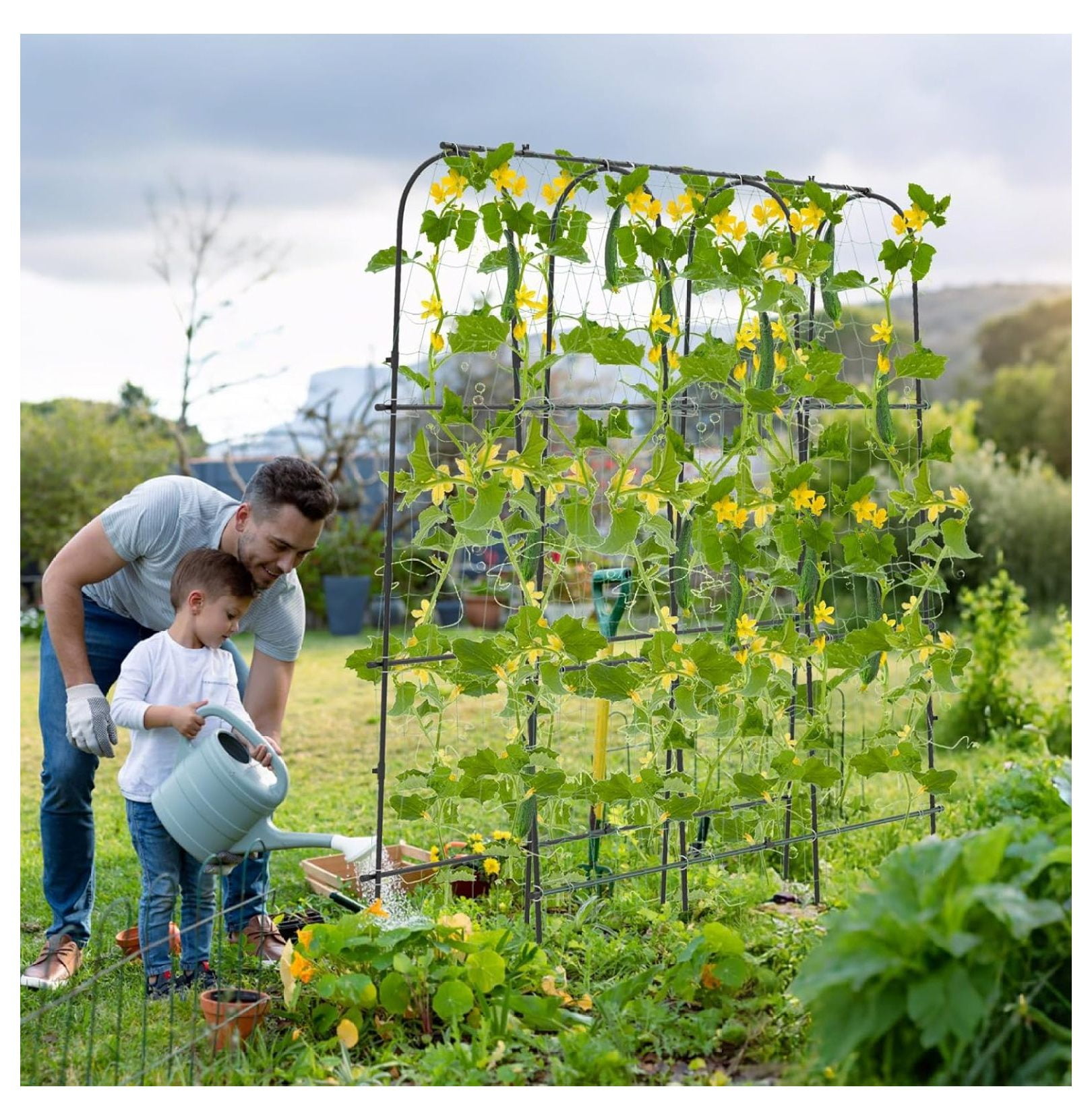 71" x 71" Cucumber Trellis for Raised Bed, Garden Arch Trellis Metal Plant Support Frame with Netting, Sure-Clips & Ground Stakes, U-Shaped Garden Trellis for Climbing Plants Outdoor