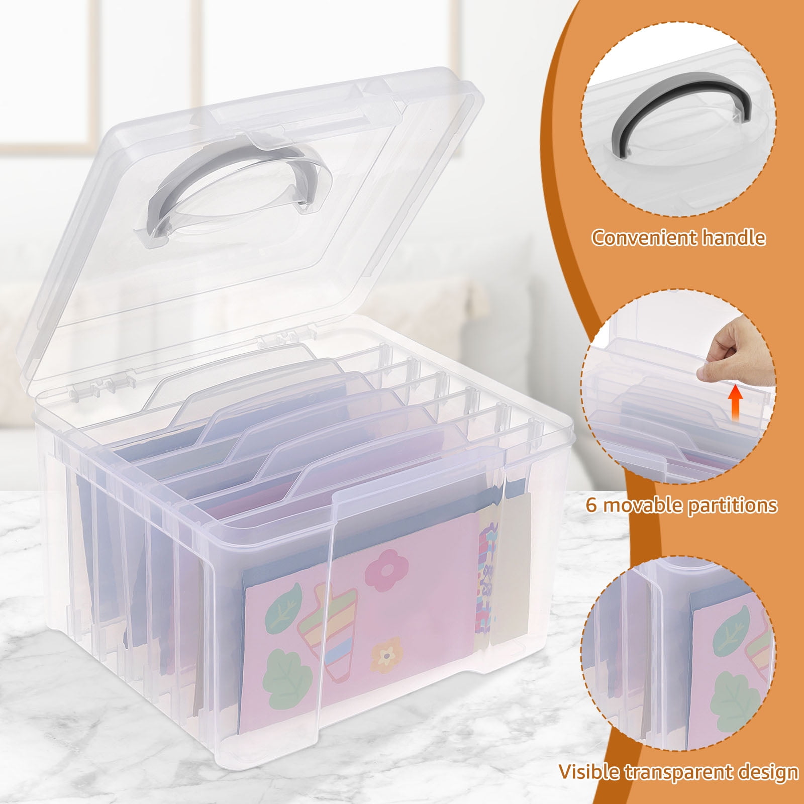Wekvgz Greeting Card Storage Box Photo Organizer with 6 Removable Adjustable Dividers and Stickers for Photos Crafts Scrapbooking