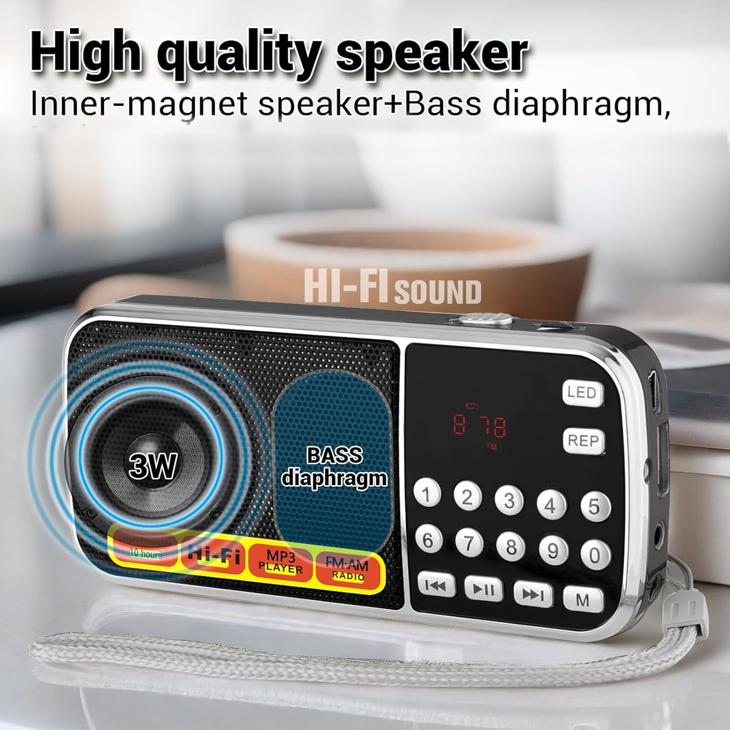 Portable AM/FM Radio with MP3 Player Support, USB/TF Card Playback, Rechargeable Battery, Excellent Reception & Sound Quality, Compact Design with Flashlight for Outdoor Use