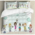 thumbnail image 1 of Kids Sports Queen Size Duvet Cover Set, Doodle Children Doing Different Sports in A Sunny Spring Day Playroom Cartoon, Decorative 3 Piece Bedding Set with 2 Pillow Shams, Multicolor, by Ambesonne, 1 of 3