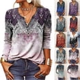 thumbnail image 2 of Fall Blouses for Women Daily Trendy Ethnic Print Button Tops Ladies Loose V Neck Long Sleeve Shirt, 2 of 3