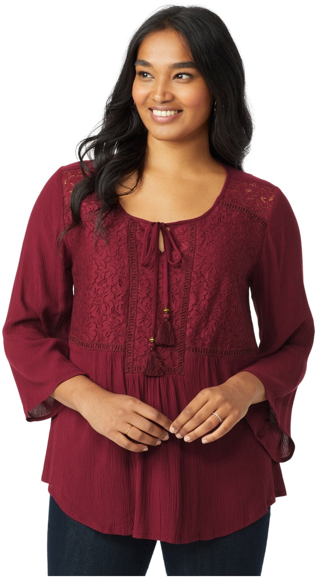 Crochet Scoop Tie Neck Blouse 