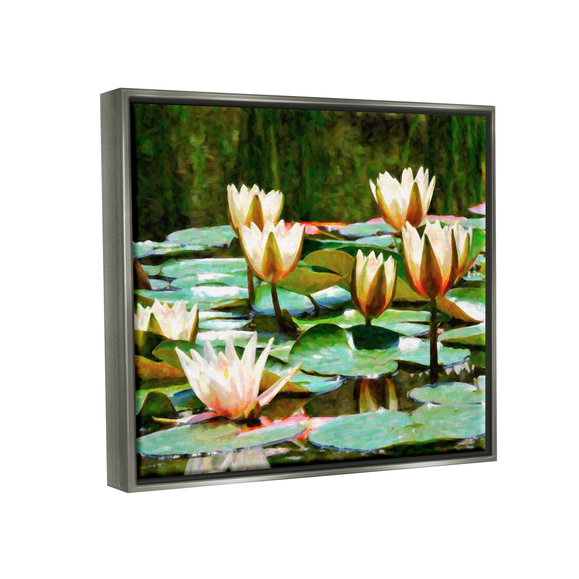 Stupell Industries Pond Lilies Blooming Botanical & Floral Painting Gray Floater Framed Art Print Wall Art, 21 x 17