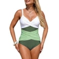 thumbnail image 2 of Minjewel Women's Color Block Cross-Back One-Piece Bathing Suit with Ruched Tummy Control, Slimming Athletic Swimwear for Women,Green,S, 2 of 6