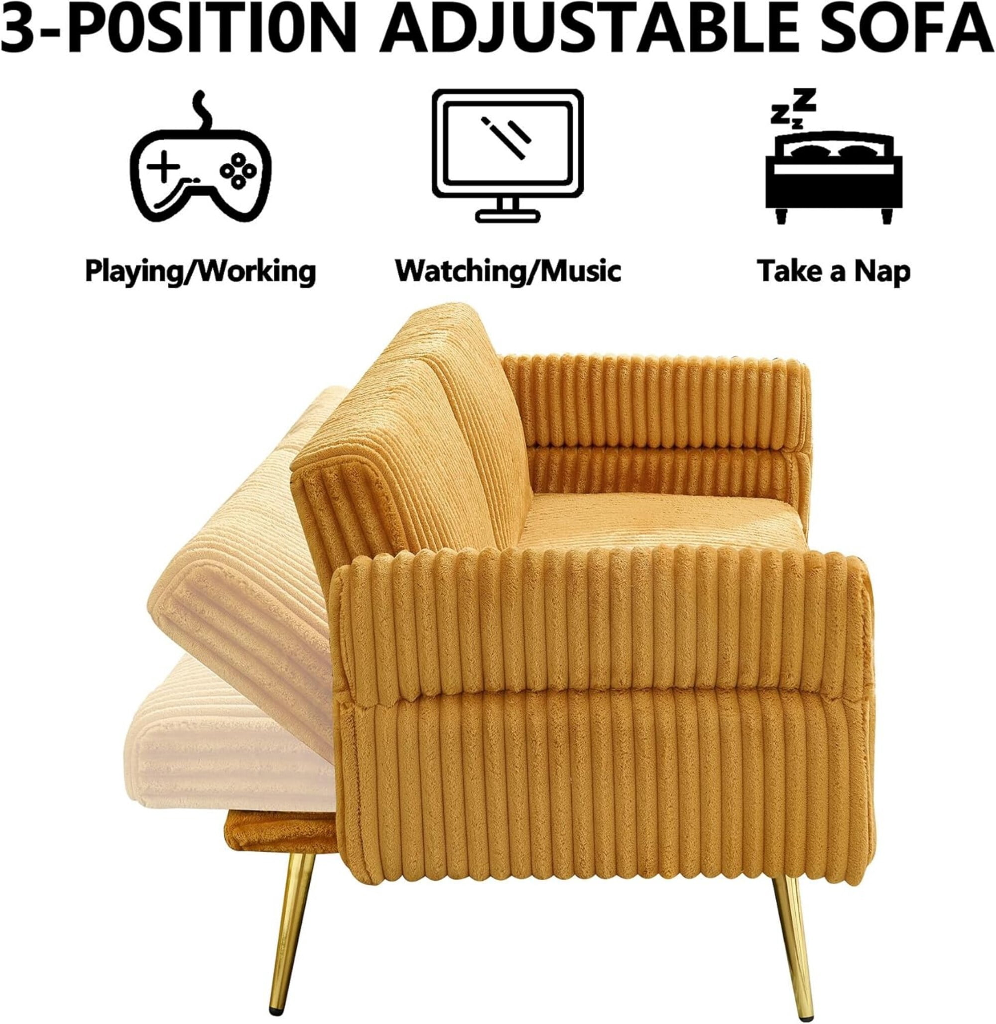 AENKYO 79'' Corduroy Convertible Futon Sofa Bed, Modern Sleeper Couch with Adjustable Arms & Back, Yellow