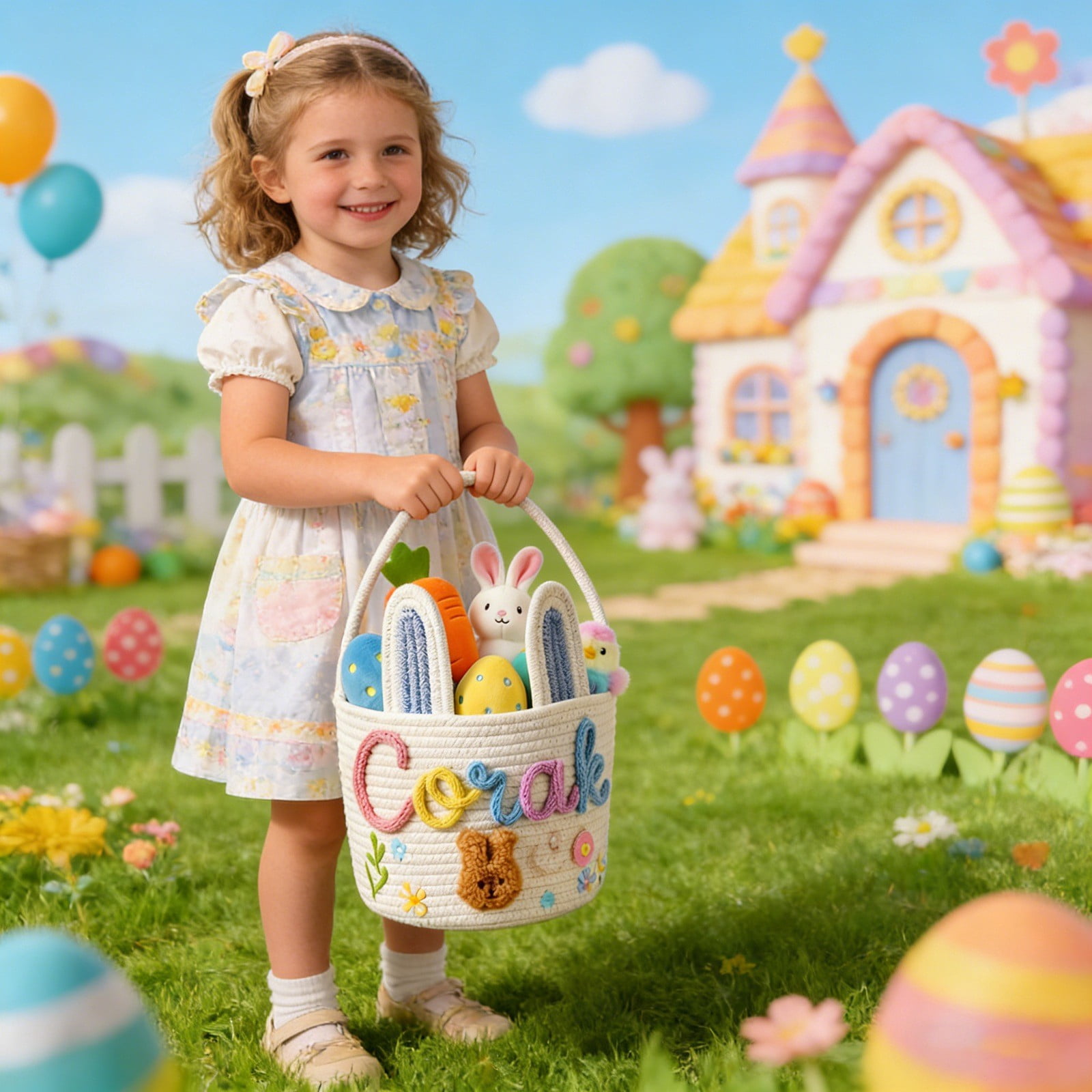 Personalised Easter Basket, Easter Basket 3D Cord Embroidery Technology, Easter Nest for Filling for Boys and Girls, Not Include Dolls (Rabbit Design)