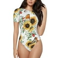 thumbnail image 2 of Uemuo Sunflowers Leaves And Birds Pattern Women's One Piece Short Sleeve Swimsuit Rash Guard Surfing Modest Quick-drying Swimsuit Beach Essentials-Medium, 2 of 9