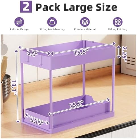 Under Sink Organizer 2 Pack, Sink Pull-Out Sliding Storage Cabinet, 2-Tier Under Shelf Organizer for Kitchen Bathroom, Purple
