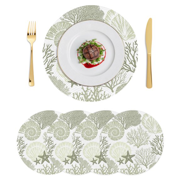 Round Placemats Sage Green Starfish Shell 15 inch Set of 4 Table Mats for Dining Table Coastal Ocean Coral Heat Resistant Non-Slip Kitchen & Home Decorative Place Mat Set