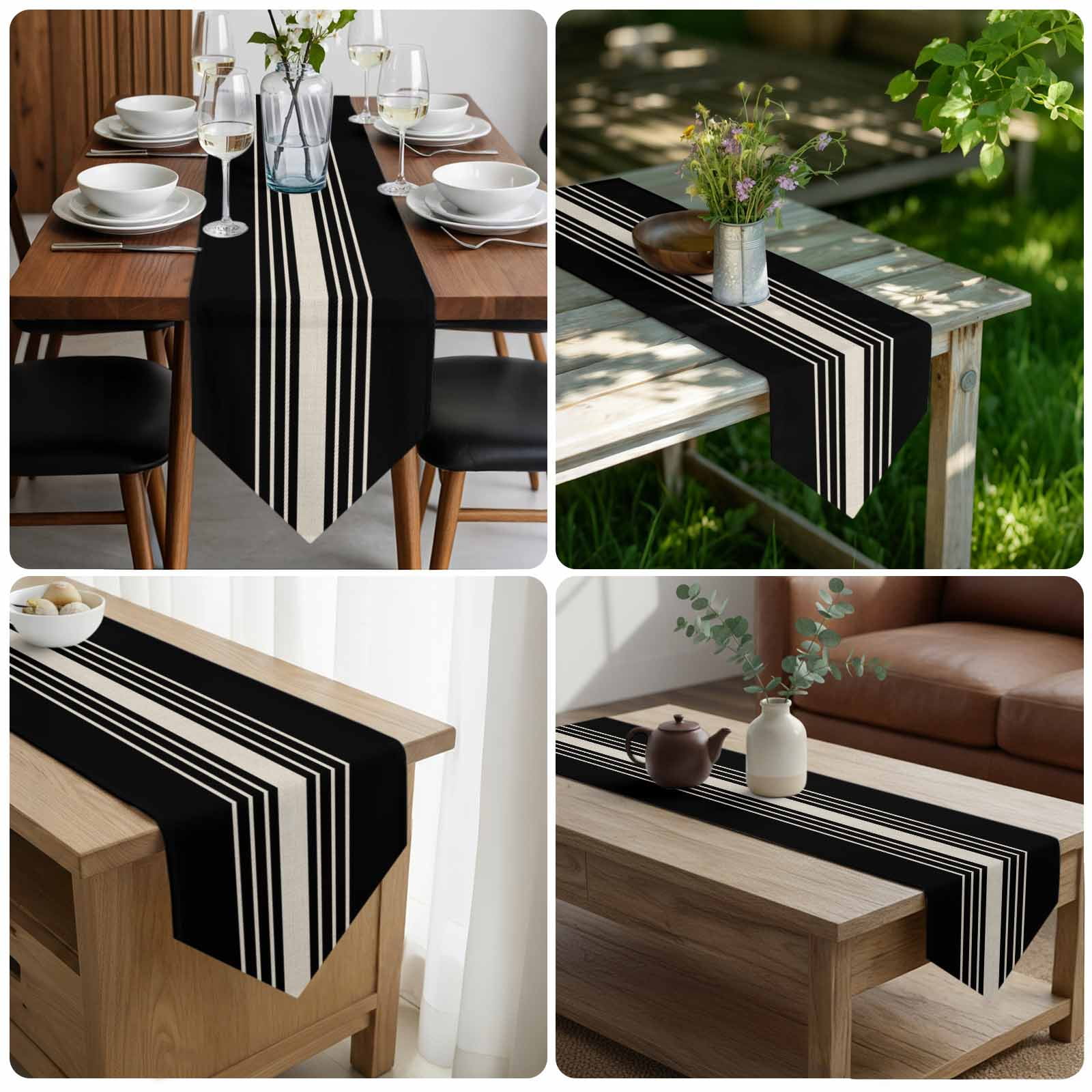 Black Beige Striped Table Runner Linen Burlap Table Runner 72 Inches Long Modern Farmhouse Retro Lines Dresser Scarves for Kitchen Island Coffee Dining Room Party Holiday Decoration 18"x72"