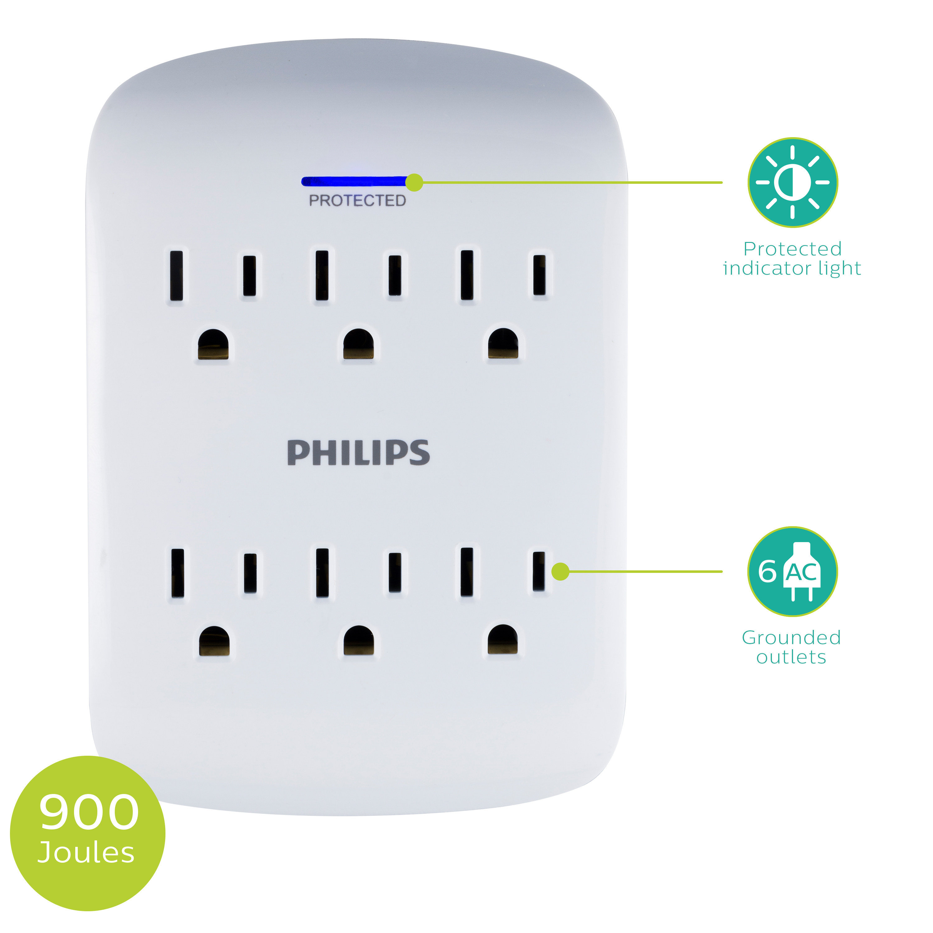 Philips 6-Outlet Surge Protector, 900J, White, 4 Pack, Space Saving - image 5 of 6