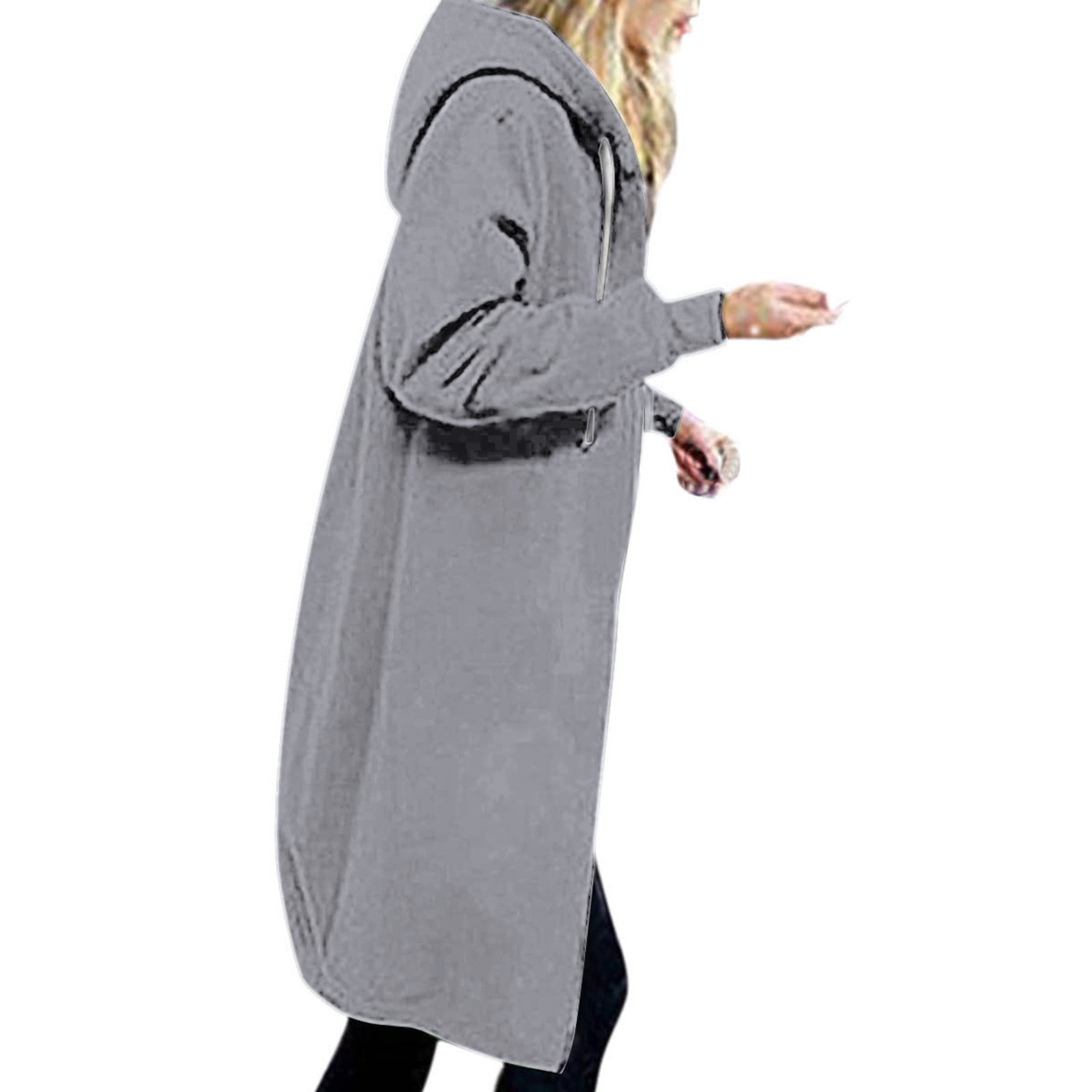 Scyoekwg Long Coats for Women Overcoat Long Sleeve Hooded Neck Coat Solid Color Casual Jacket Plus Fleece Insert Pocket Hooded Zipper Mid Length Sweater Gray XXXXXL