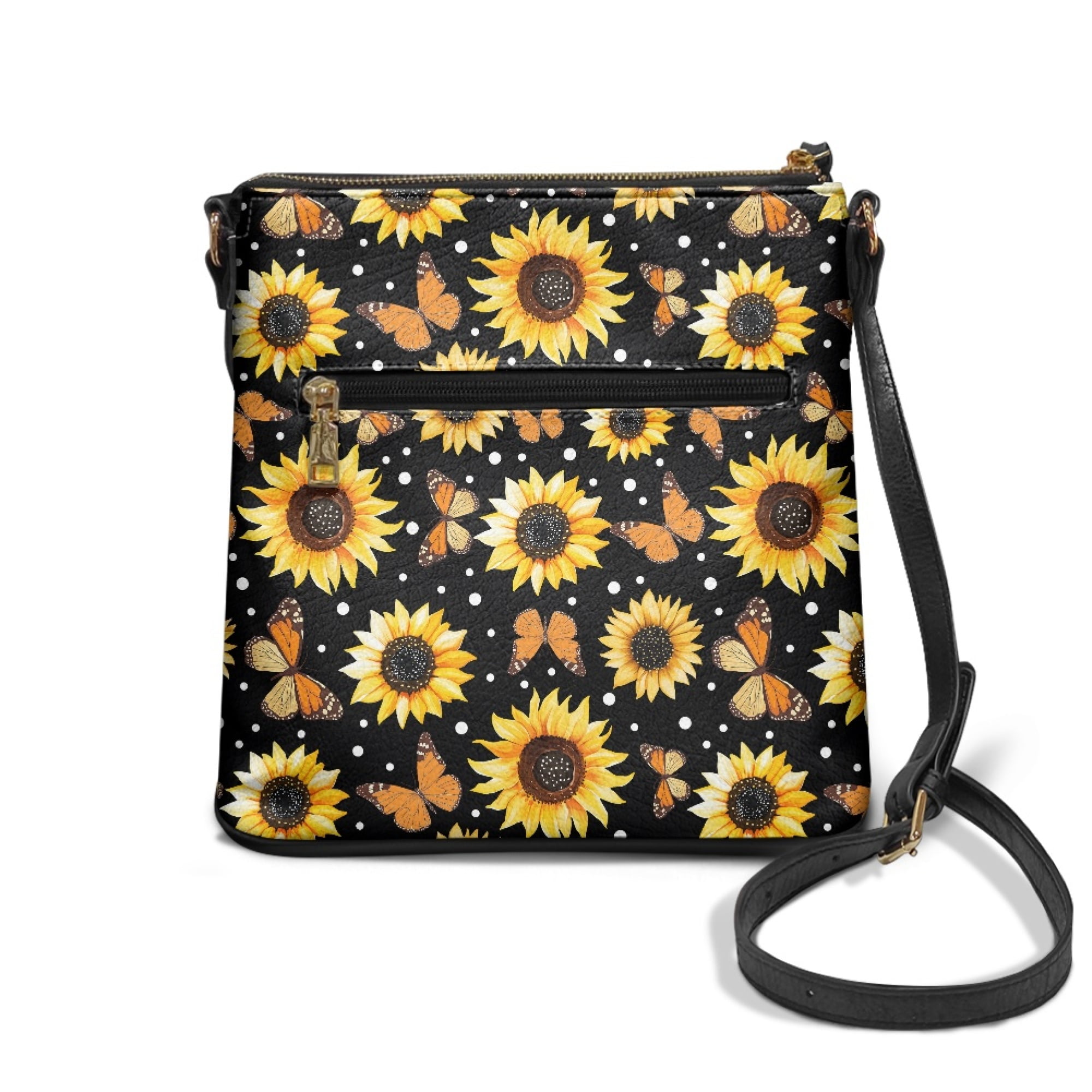 Kuiaobaty Sunflower Butterfly Print Crossbody Bag for Women, Medium Size Portable Leather Satchel Purse with Adjustable Strap, Sturdy Waterproof Messenger Handbag Crossbody for Travel