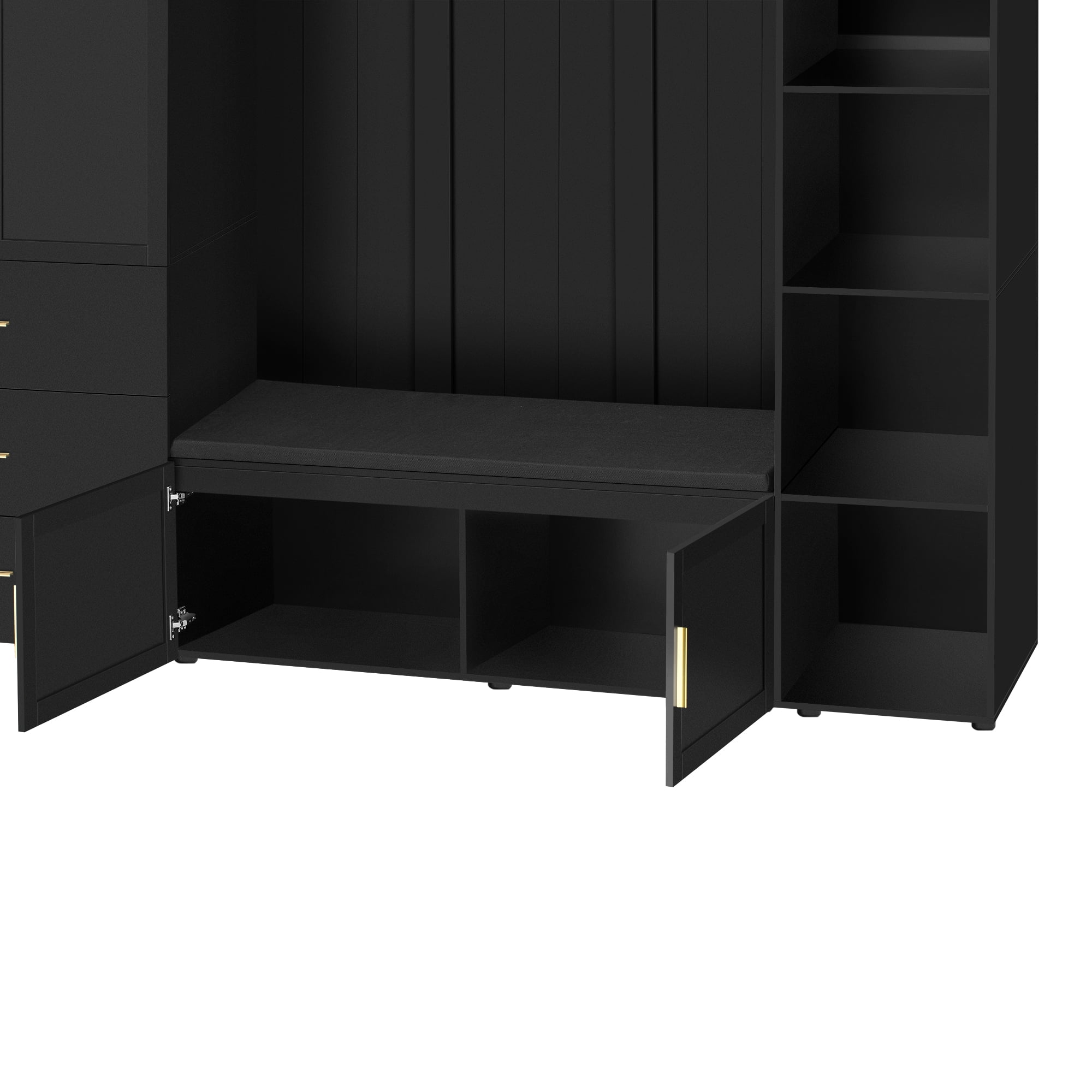 T-Foyer Modern Black 4-in-1 Hall Tree with 4 Hooks, Padded Bench & Cabinets, Wooden Rustic Entryway Organizer with Open Storage & 3 Drawers