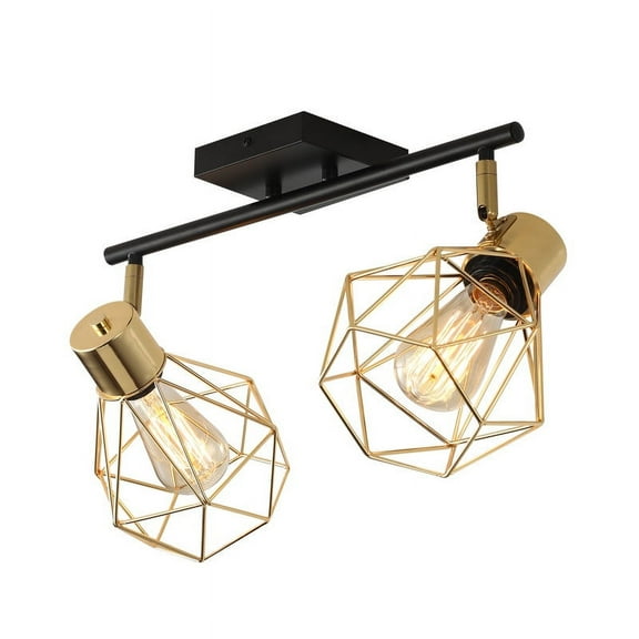 Industrial 2 Light Track Lighting Kit, Black Flush Mount Ceiling Light, Adjustable 2 Head Ceiling Spotlight for Kitchen, Living Room, Hallway, Bathroom, Cabinet, Etc.(Gold)