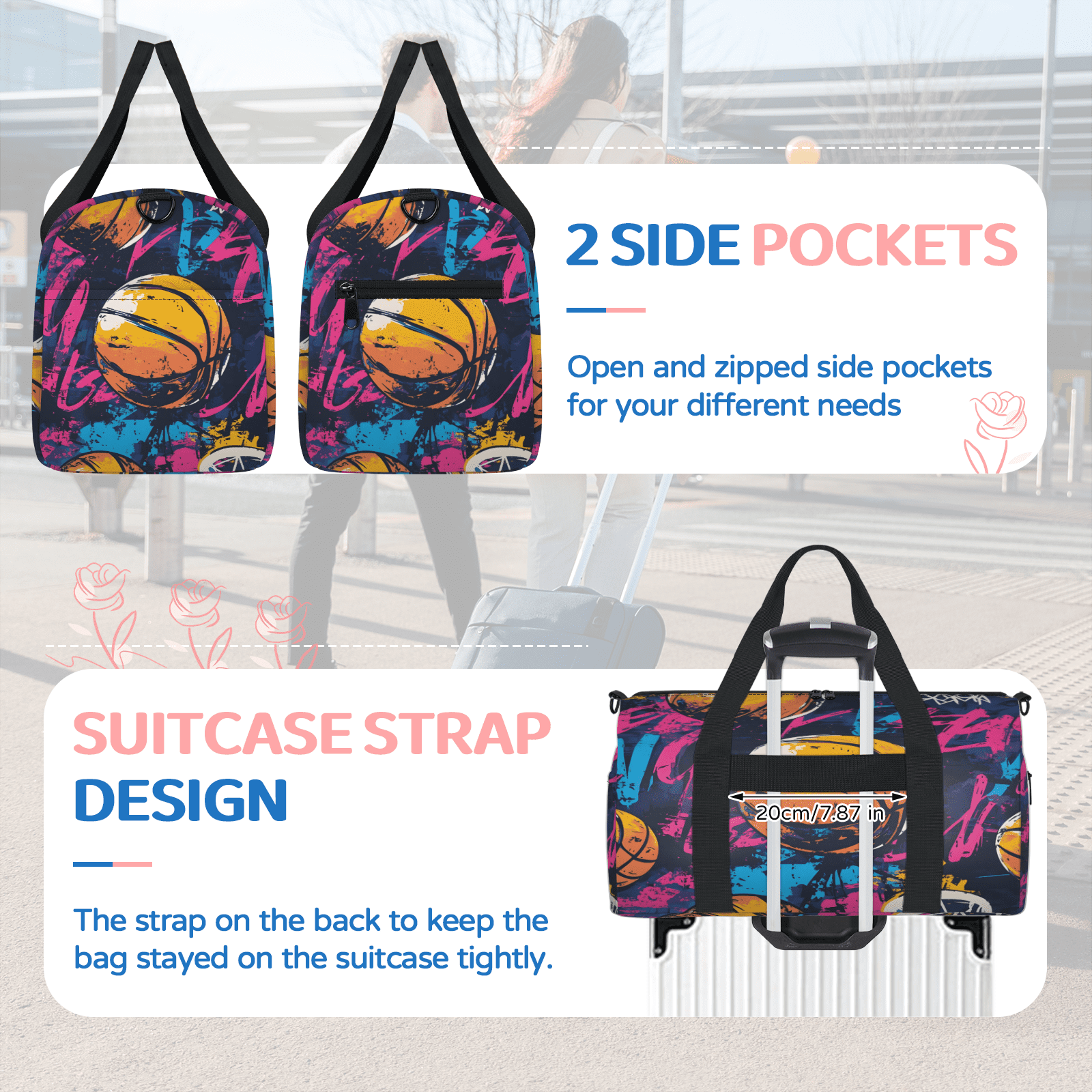 Herdesigns Basketball Sports Gym Bag for Women, Duffle Bag for Travel Sport, Lightweight Waterproof Carry on Weekender Dance Yoga Workout Bags