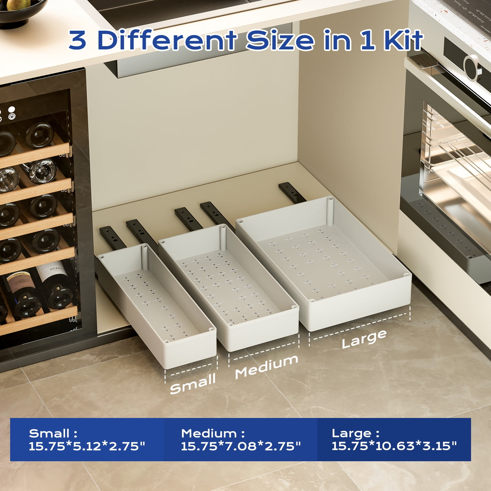 ROSYNEY 3 pack Pull Out Cabinet Organizer, Multi-Size (10.63", 7.08" and 5.12") Slide Out Drawers for Kitchen, Pantry, Bathroom, White
