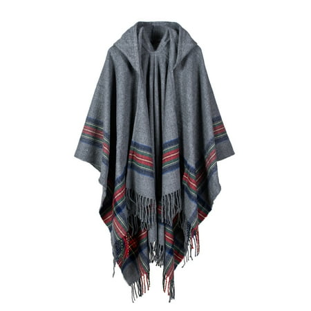 - New Women Knitted Poncho Cape Hooded Stripe Oversized Cardigan Sweater Long Shawl Scarf Cashmere Pashmina