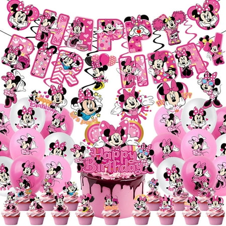 Mickey Minnie Birthday Party Supplies, Cartoon Birthday Decorations Supplies, Balloons Banner Backdrop Cake Topper Hanging Swirls Decorations for Themed Party